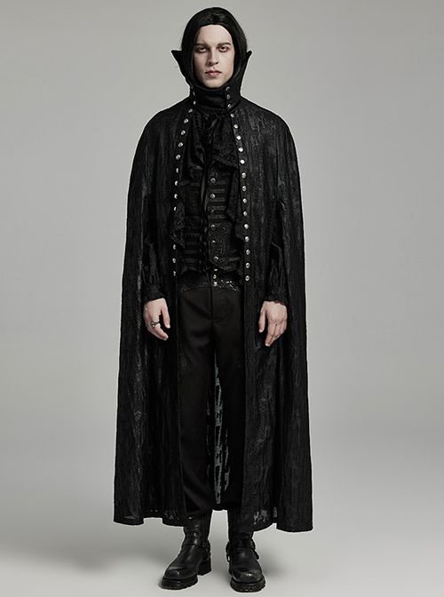 Black Tattered Knitted Patchwork Lace Center Front Ruffle With Bat Collar And Side Velvet Webbing Gothic Double Breasted Men's Cape