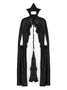 Black Tattered Knitted Patchwork Lace Center Front Ruffle With Bat Collar And Side Velvet Webbing Gothic Double Breasted Men's Cape
