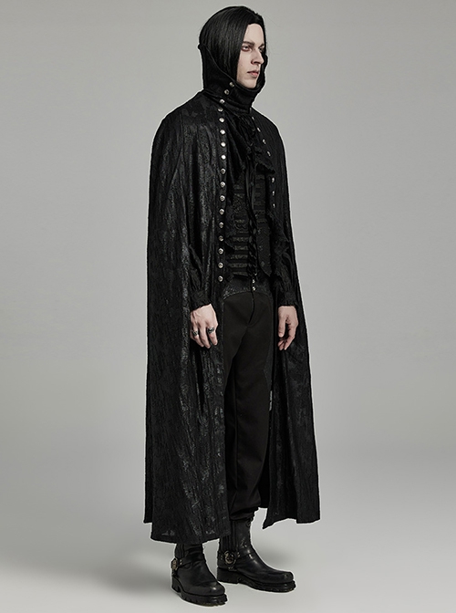 Black Tattered Knitted Patchwork Lace Center Front Ruffle With Bat Collar And Side Velvet Webbing Gothic Double Breasted Men's Cape