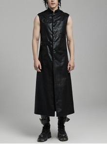 Black Non Stretch Glossy Twill Woven Front Asymmetrical Straps Punk Style Mid Length Sleeveless Vest