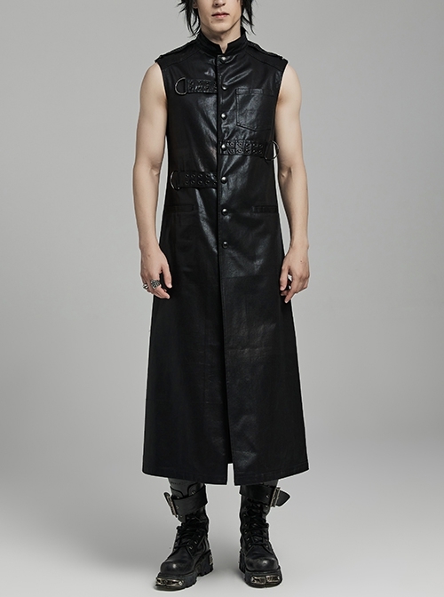 Black Non Stretch Glossy Twill Woven Front Asymmetrical Straps Punk Style Mid Length Sleeveless Vest