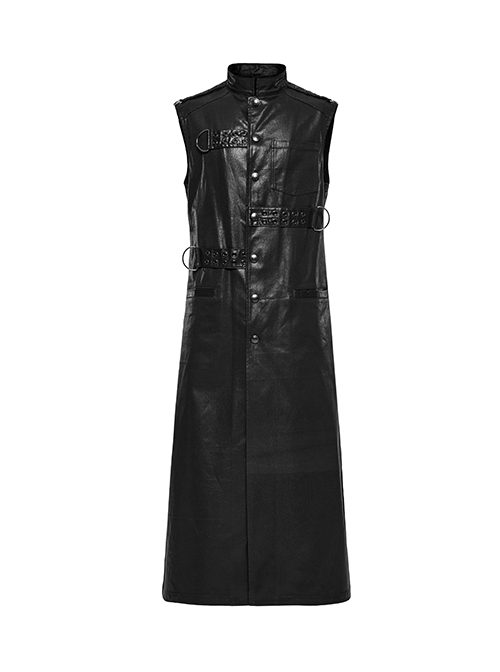 Black Non Stretch Glossy Twill Woven Front Asymmetrical Straps Punk Style Mid Length Sleeveless Vest