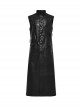 Black Non Stretch Glossy Twill Woven Front Asymmetrical Straps Punk Style Mid Length Sleeveless Vest