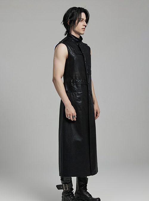 Black Non Stretch Glossy Twill Woven Front Asymmetrical Straps Punk Style Mid Length Sleeveless Vest