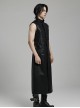 Black Non Stretch Glossy Twill Woven Front Asymmetrical Straps Punk Style Mid Length Sleeveless Vest