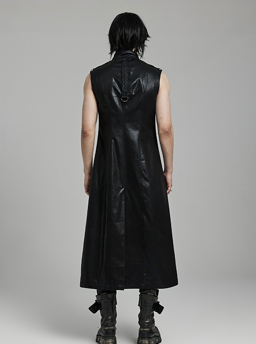 Black Non Stretch Glossy Twill Woven Front Asymmetrical Straps Punk Style Mid Length Sleeveless Vest