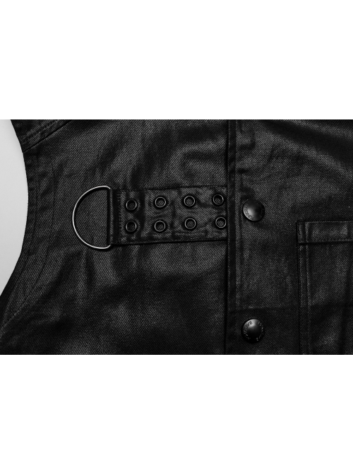 Black Non Stretch Glossy Twill Woven Front Asymmetrical Straps Punk Style Mid Length Sleeveless Vest