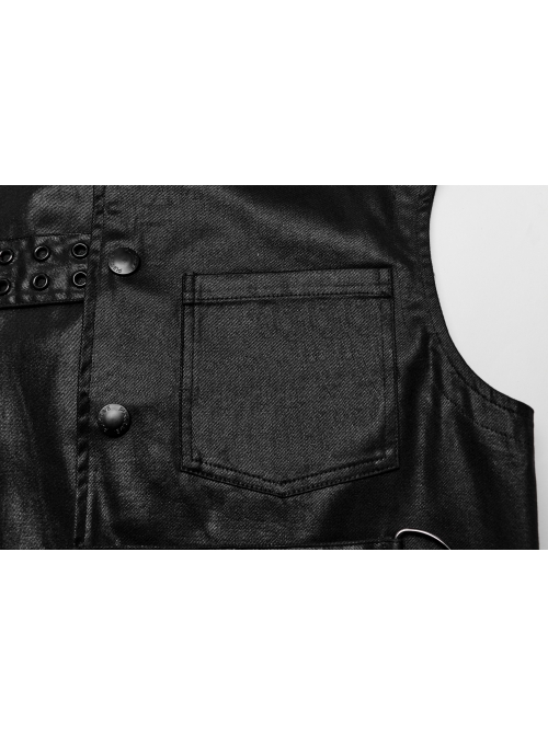 Black Non Stretch Glossy Twill Woven Front Asymmetrical Straps Punk Style Mid Length Sleeveless Vest