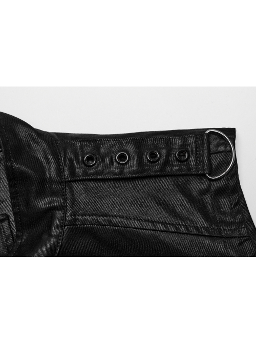 Black Non Stretch Glossy Twill Woven Front Asymmetrical Straps Punk Style Mid Length Sleeveless Vest