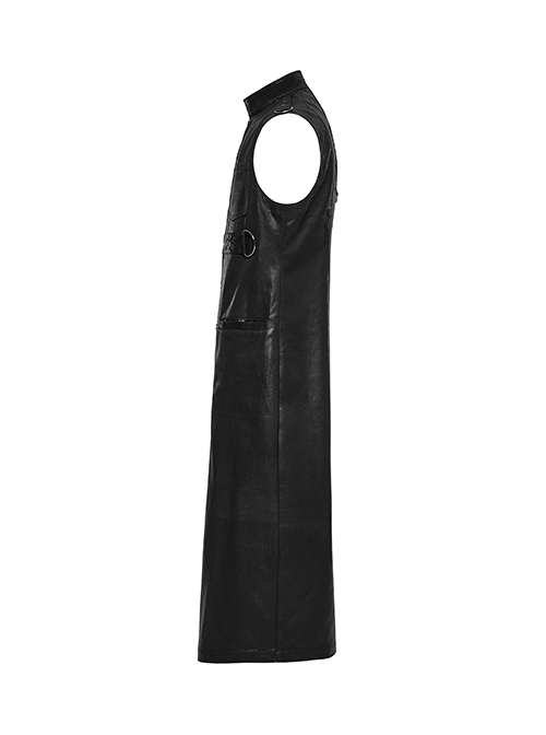 Black Non Stretch Glossy Twill Woven Front Asymmetrical Straps Punk Style Mid Length Sleeveless Vest