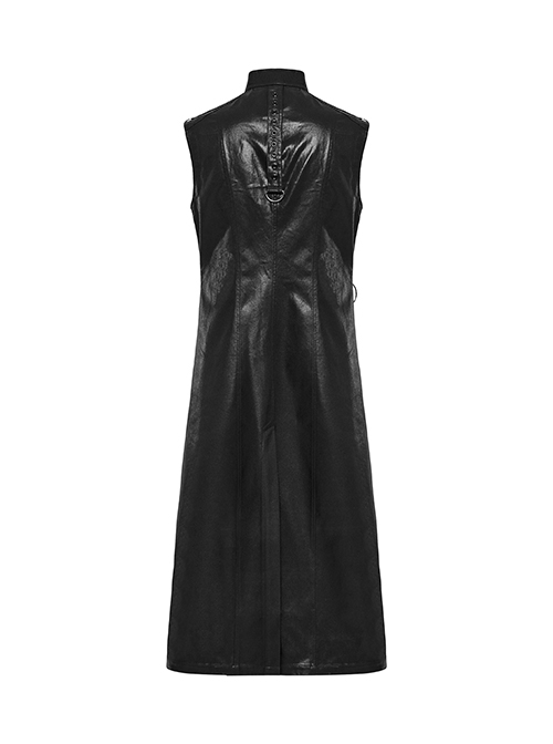 Black Non Stretch Glossy Twill Woven Front Asymmetrical Straps Punk Style Mid Length Sleeveless Vest