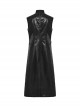 Black Non Stretch Glossy Twill Woven Front Asymmetrical Straps Punk Style Mid Length Sleeveless Vest