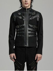Personalized Black Non Elastic Twill Woven Splicing Taped Center Front Eyelet Strap With Japanese Button Punk Style Long Sleeved Zippered Jacket
