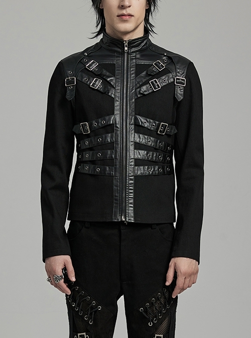 Personalized Black Non Elastic Twill Woven Splicing Taped Center Front Eyelet Strap With Japanese Button Punk Style Long Sleeved Zippered Jacket
