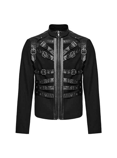 Personalized Black Non Elastic Twill Woven Splicing Taped Center Front Eyelet Strap With Japanese Button Punk Style Long Sleeved Zippered Jacket