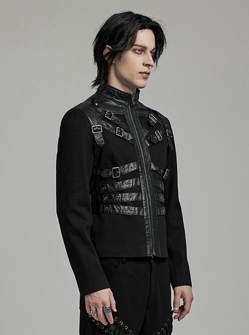 Personalized Black Non Elastic Twill Woven Splicing Taped Center Front Eyelet Strap With Japanese Button Punk Style Long Sleeved Zippered Jacket