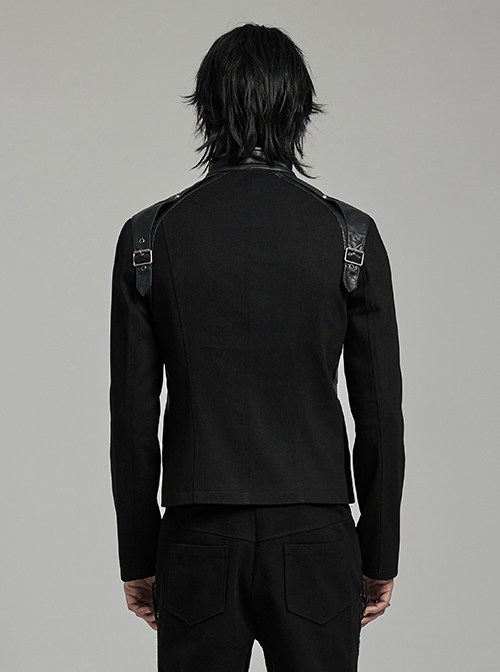 Personalized Black Non Elastic Twill Woven Splicing Taped Center Front Eyelet Strap With Japanese Button Punk Style Long Sleeved Zippered Jacket