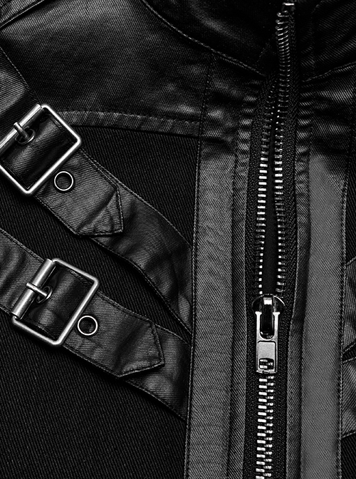 Personalized Black Non Elastic Twill Woven Splicing Taped Center Front Eyelet Strap With Japanese Button Punk Style Long Sleeved Zippered Jacket