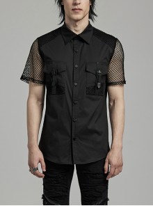 Black Twill Simple Front Strap Decoration With Diamond Mesh Short-Sleeved Punk Style Fitted Lapel Shirt