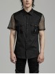 Black Twill Simple Front Strap Decoration With Diamond Mesh Short-Sleeved Punk Style Fitted Lapel Shirt