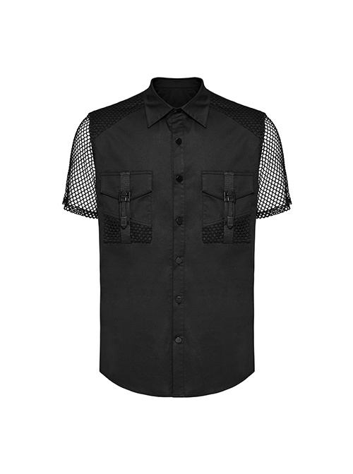 Black Twill Simple Front Strap Decoration With Diamond Mesh Short-Sleeved Punk Style Fitted Lapel Shirt