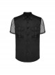 Black Twill Simple Front Strap Decoration With Diamond Mesh Short-Sleeved Punk Style Fitted Lapel Shirt