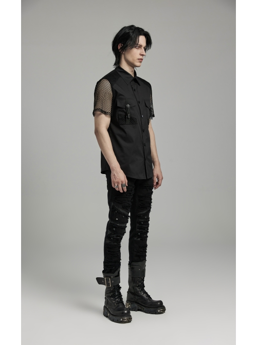 Black Twill Simple Front Strap Decoration With Diamond Mesh Short-Sleeved Punk Style Fitted Lapel Shirt