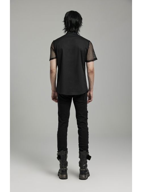 Black Twill Simple Front Strap Decoration With Diamond Mesh Short-Sleeved Punk Style Fitted Lapel Shirt