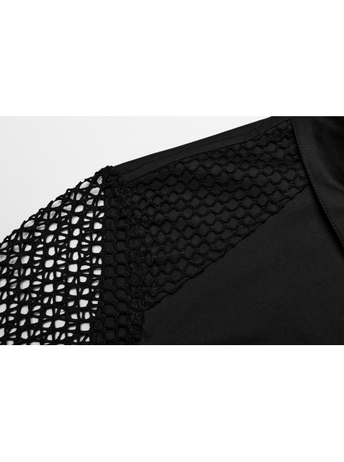 Black Twill Simple Front Strap Decoration With Diamond Mesh Short-Sleeved Punk Style Fitted Lapel Shirt