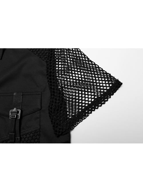 Black Twill Simple Front Strap Decoration With Diamond Mesh Short-Sleeved Punk Style Fitted Lapel Shirt