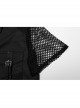 Black Twill Simple Front Strap Decoration With Diamond Mesh Short-Sleeved Punk Style Fitted Lapel Shirt
