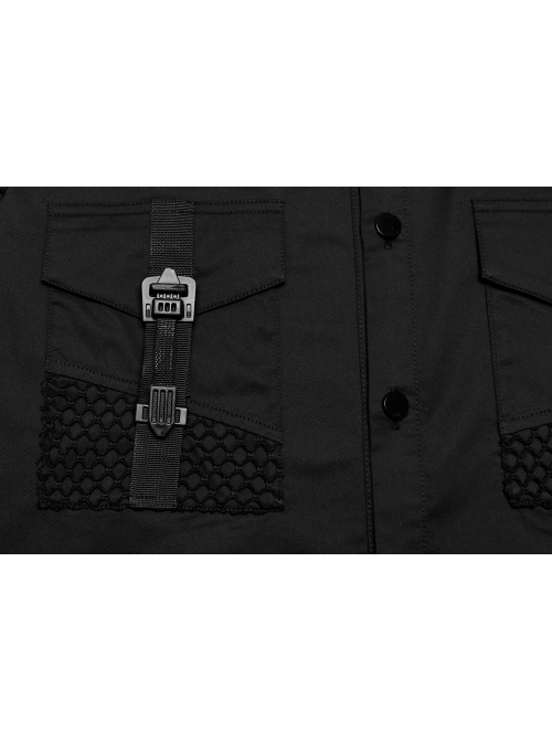 Black Twill Simple Front Strap Decoration With Diamond Mesh Short-Sleeved Punk Style Fitted Lapel Shirt