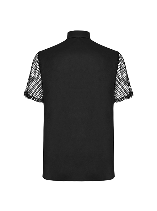 Black Twill Simple Front Strap Decoration With Diamond Mesh Short-Sleeved Punk Style Fitted Lapel Shirt