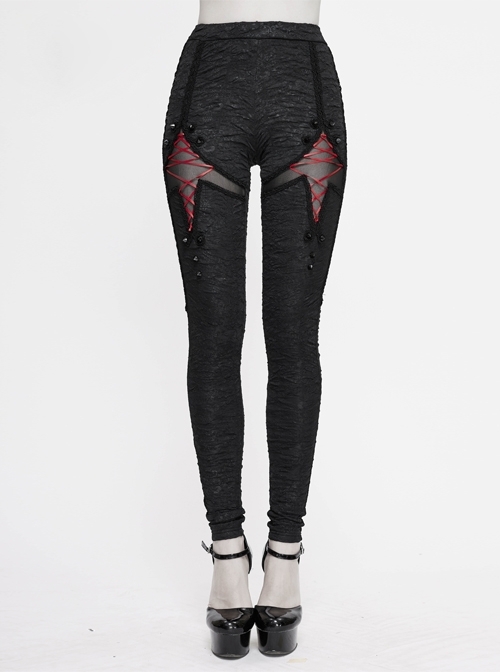 Red Lace-Up Rivet Patterned Knitted Black Gothic Leggings Pants