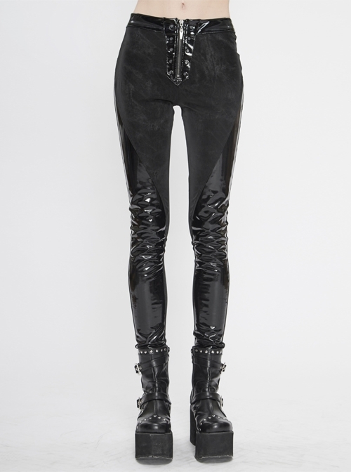 Irregular Dark-Grain Spliced Bright Patent Leather Bucket Studs Black Punk Leggings Pants