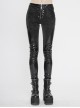 Irregular Dark-Grain Spliced Bright Patent Leather Bucket Studs Black Punk Leggings Pants