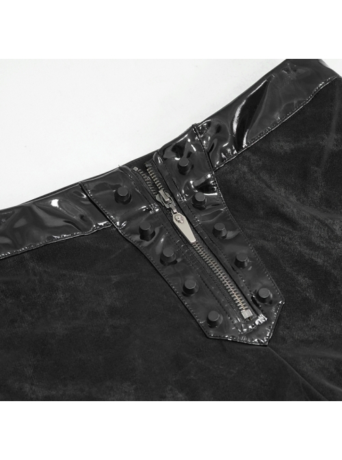 Irregular Dark-Grain Spliced Bright Patent Leather Bucket Studs Black Punk Leggings Pants