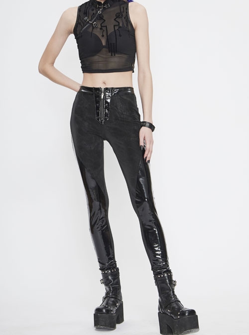 Irregular Dark-Grain Spliced Bright Patent Leather Bucket Studs Black Punk Leggings Pants