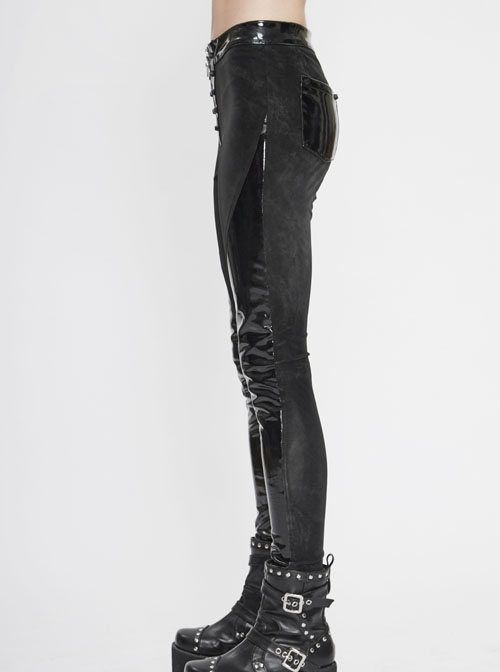 Irregular Dark-Grain Spliced Bright Patent Leather Bucket Studs Black Punk Leggings Pants