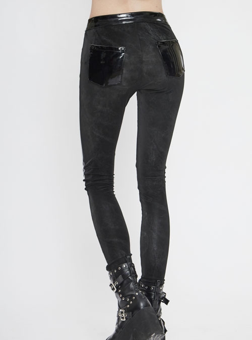 Irregular Dark-Grain Spliced Bright Patent Leather Bucket Studs Black Punk Leggings Pants