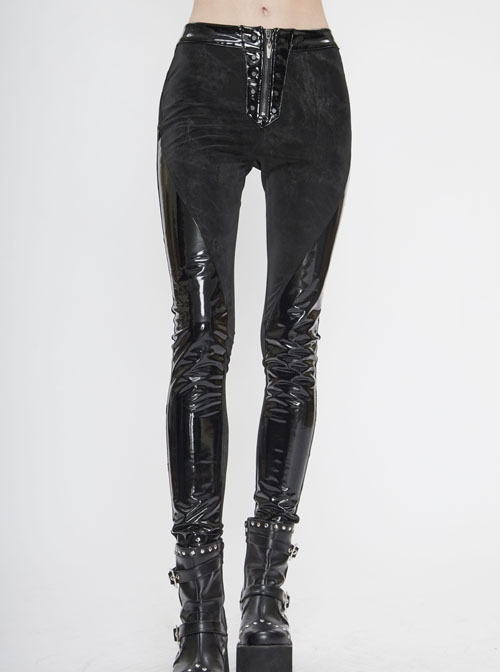 Irregular Dark-Grain Spliced Bright Patent Leather Bucket Studs Black Punk Leggings Pants