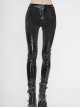 Irregular Dark-Grain Spliced Bright Patent Leather Bucket Studs Black Punk Leggings Pants