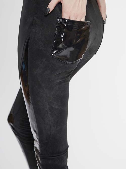 Irregular Dark-Grain Spliced Bright Patent Leather Bucket Studs Black Punk Leggings Pants