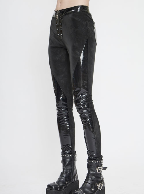 Irregular Dark-Grain Spliced Bright Patent Leather Bucket Studs Black Punk Leggings Pants