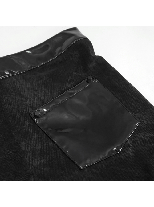 Irregular Dark-Grain Spliced Bright Patent Leather Bucket Studs Black Punk Leggings Pants