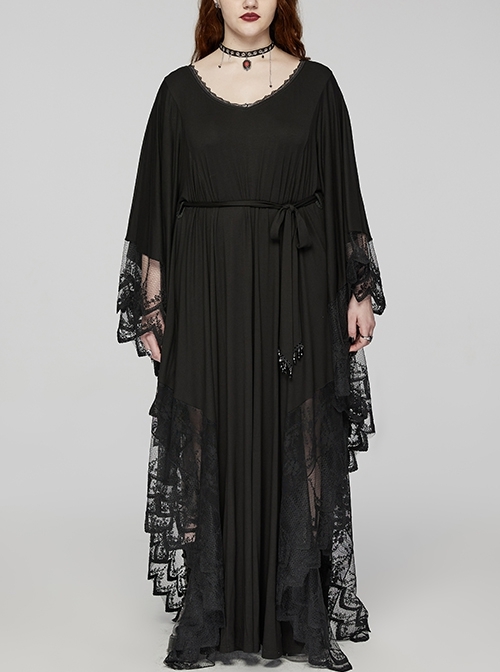 Black V Neck Stretch Knit With Lace Gothic Bat Silhouette Dress