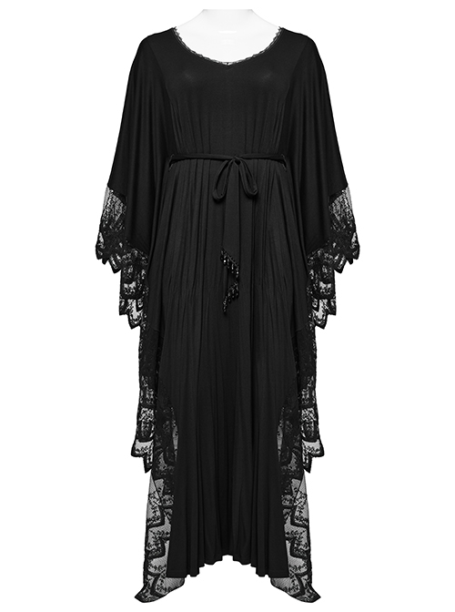 Black V Neck Stretch Knit With Lace Gothic Bat Silhouette Dress