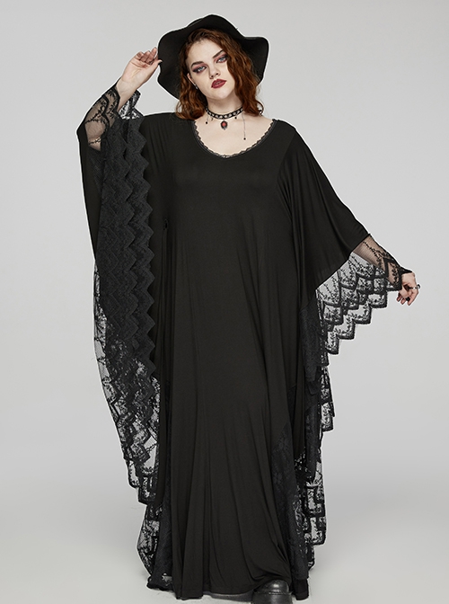 Black V Neck Stretch Knit With Lace Gothic Bat Silhouette Dress