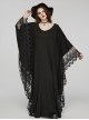 Black V Neck Stretch Knit With Lace Gothic Bat Silhouette Dress