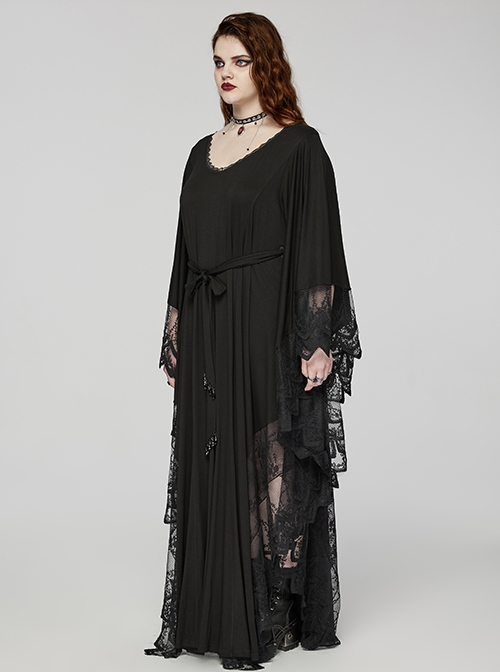 Black V Neck Stretch Knit With Lace Gothic Bat Silhouette Dress